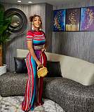 Striped Short Sleeve Crop Top Wide Leg Pants Suit XMY-9392