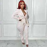 Office Lady Houndstooth Print Blazers Straight Pants Suit BN-9339