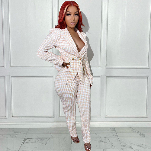 Office Lady Houndstooth Print Blazers Straight Pants Suit BN-9339