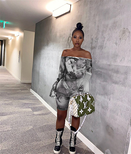 See Through Mesh Print Slash Neck Flare Sleeve Rompers ASL-6603
