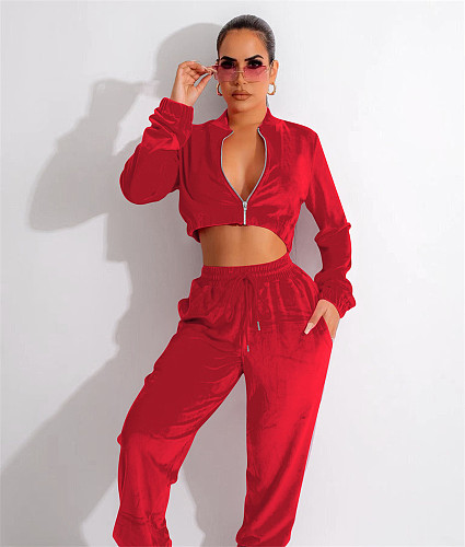 Velvet Zip Up Jacket Crop Tops Loose Pants Tracksuits YD-8658