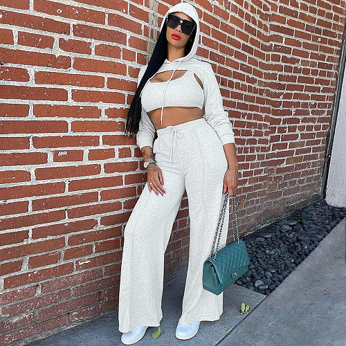 Solid Crop Top Hoodie Vest With Pants 3 Piece Sets SH-390416