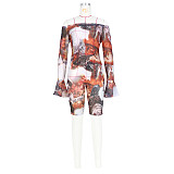 See Through Mesh Print Slash Neck Flare Sleeve Rompers ASL-6603