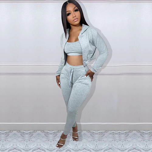 Zip Hooded Coat+Camisole+Pencil Pants 3 Piece Set TK-6257