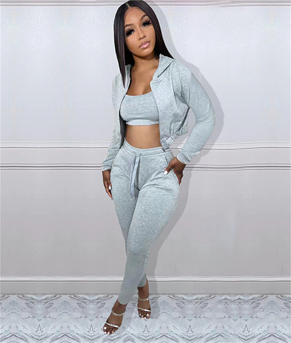 Zip Hooded Coat+Camisole+Pencil Pants 3 Piece Set TK-6257