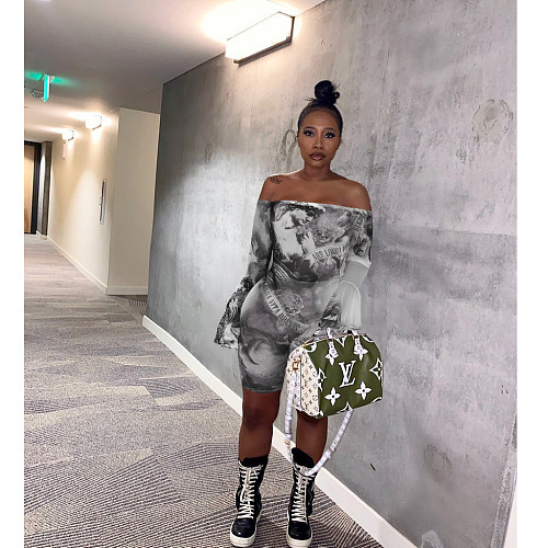 See Through Mesh Print Slash Neck Flare Sleeve Rompers ASL-6603