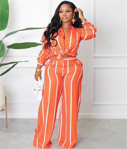 Street Striped Long Sleeve Shirt and Straight Pants Suit RS-6007
