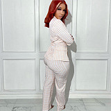 Office Lady Houndstooth Print Blazers Straight Pants Suit BN-9339