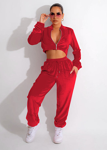 Velvet Zip Up Jacket Crop Tops Loose Pants Tracksuits YD-8658