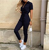 Casual Lapel Buckle Printed Belt Tooling Jumpsuit RS-1182