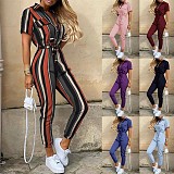 Casual Lapel Buckle Printed Belt Tooling Jumpsuit RS-1182