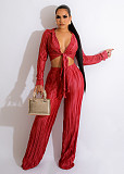 Pleated Lace Up Crop Top Loose Wide Leg Pants Suit OSM-4378