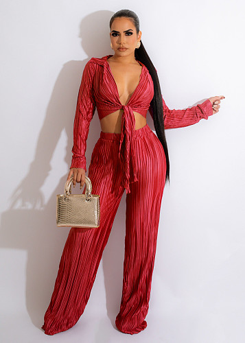 Pleated Lace Up Crop Top Loose Wide Leg Pants Suit OSM-4378
