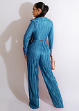 Pleated Lace Up Crop Top Loose Wide Leg Pants Suit OSM-4378