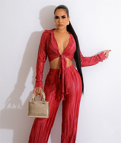 Pleated Lace Up Crop Top Loose Wide Leg Pants Suit OSM-4378