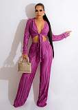 Pleated Lace Up Crop Top Loose Wide Leg Pants Suit OSM-4378
