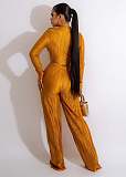 Pleated Lace Up Crop Top Loose Wide Leg Pants Suit OSM-4378