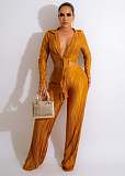 Pleated Lace Up Crop Top Loose Wide Leg Pants Suit OSM-4378