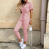 Casual Lapel Buckle Printed Belt Tooling Jumpsuit RS-1182