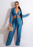 Pleated Lace Up Crop Top Loose Wide Leg Pants Suit OSM-4378