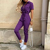 Casual Lapel Buckle Printed Belt Tooling Jumpsuit RS-1182