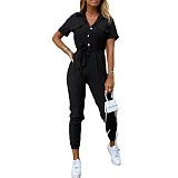 Casual Lapel Buckle Printed Belt Tooling Jumpsuit RS-1182