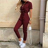 Casual Lapel Buckle Printed Belt Tooling Jumpsuit RS-1182