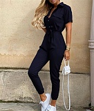 Casual Lapel Buckle Printed Belt Tooling Jumpsuit RS-1182