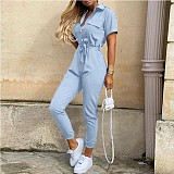 Casual Lapel Buckle Printed Belt Tooling Jumpsuit RS-1182