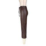 High Waist Lace-up Slit PU Leather Midi Skirt ASL-6608