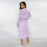 Mesh Patchwork Cut Out Ruched Bodycon Dresses YF-10216
