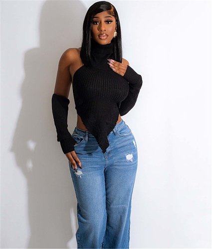 Streetwear Asymmetrical Turtleneck Backless Knitted Tops CM-8639