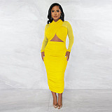 Mesh Patchwork Cut Out Ruched Bodycon Dresses YF-10216