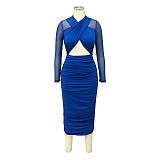 Mesh Patchwork Cut Out Ruched Bodycon Dresses YF-10216