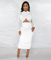 Mesh Patchwork Cut Out Ruched Bodycon Dresses YF-10216