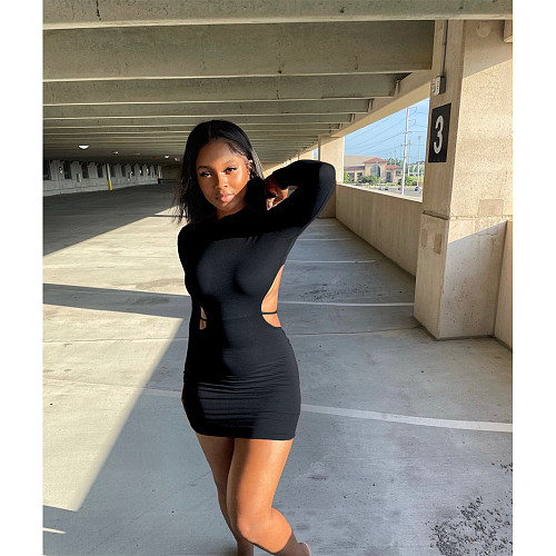 Sexy Solid Long Sleeve Backless Mini Dresses ASL-6609
