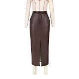 High Waist Lace-up Slit PU Leather Midi Skirt ASL-6608