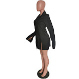 Chic Solid Single-Breasted Long Sleeve Slit Shirt Dress HMS-5386