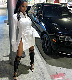 Chic Solid Single-Breasted Long Sleeve Slit Shirt Dress HMS-5386