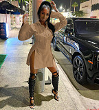 Chic Solid Single-Breasted Long Sleeve Slit Shirt Dress HMS-5386