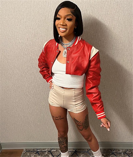 Baseball Uniform PU Leather Single-breasted Bomber Jacket FNN-8690
