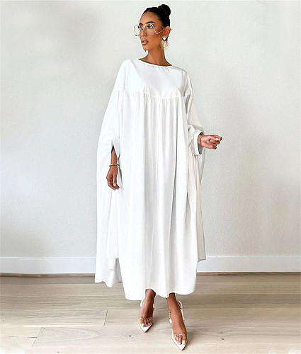Loose Raglan Sleeves Irregular Pleated White Dresses BGN-271