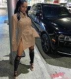 Chic Solid Single-Breasted Long Sleeve Slit Shirt Dress HMS-5386