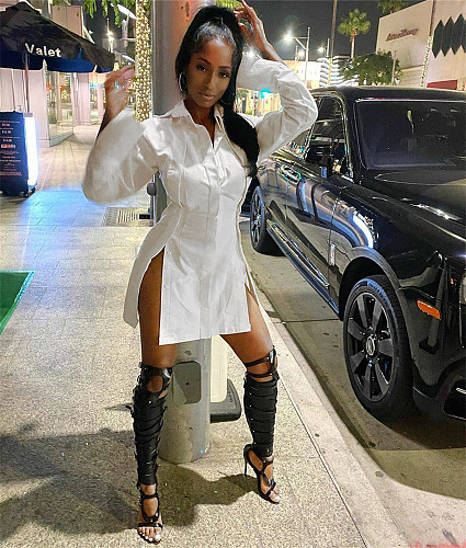 Chic Solid Single-Breasted Long Sleeve Slit Shirt Dress HMS-5386