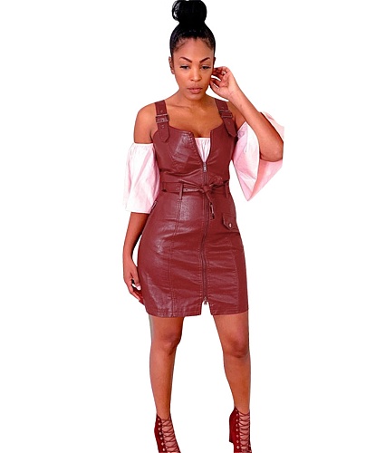 Adjustable Strap Zipper Sashes Pu Leather Dress MEM-88235