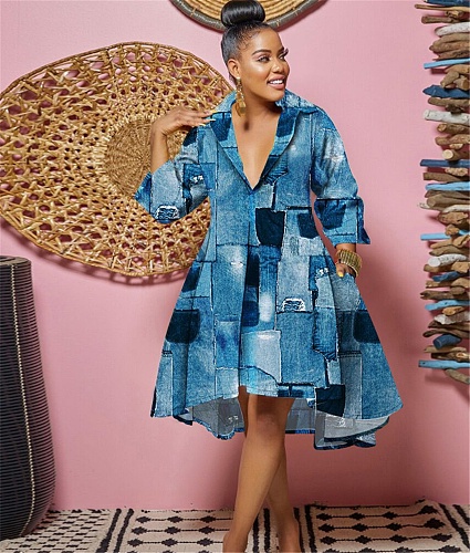 Casual Printed Lapel Long Sleeve Irregular Dress NY-10221