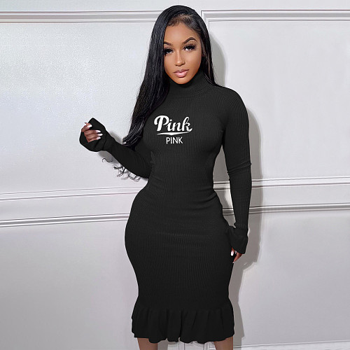 Turtleneck Ruffle Hem Charming Backless Dresses XING-165