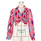Geometric Print Twist Button Shirt Crop Tops ASL-6610