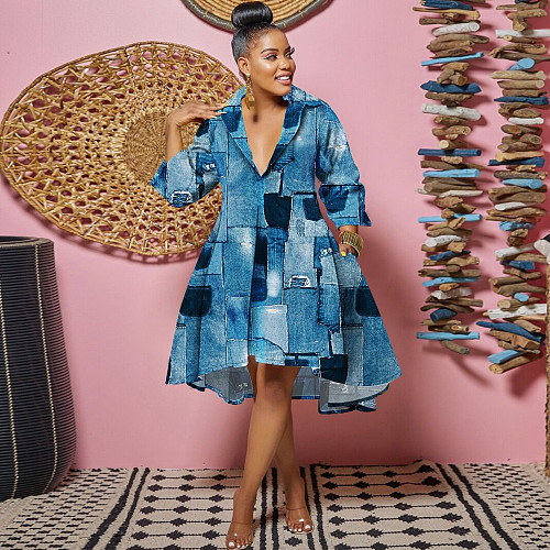 Casual Printed Lapel Long Sleeve Irregular Dress NY-10221