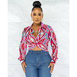 Geometric Print Twist Button Shirt Crop Tops ASL-6610